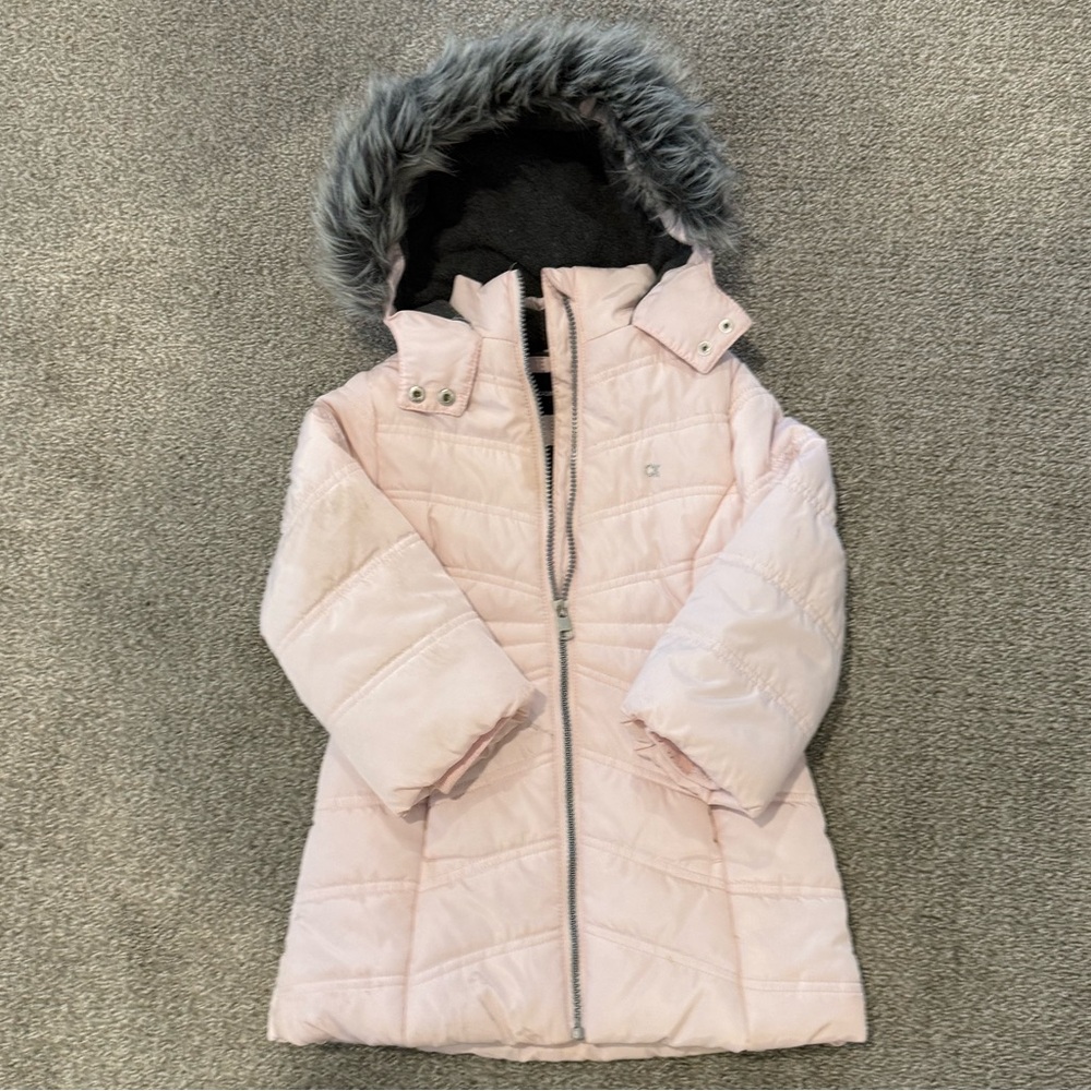 Pink and Gray Puffer Jacket with Faux Fur Hood
